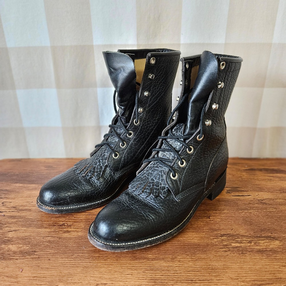 Justin Womens Black Pebbled Leather Fringe Kiltie‎ Lace Western Boots Size 5.5B